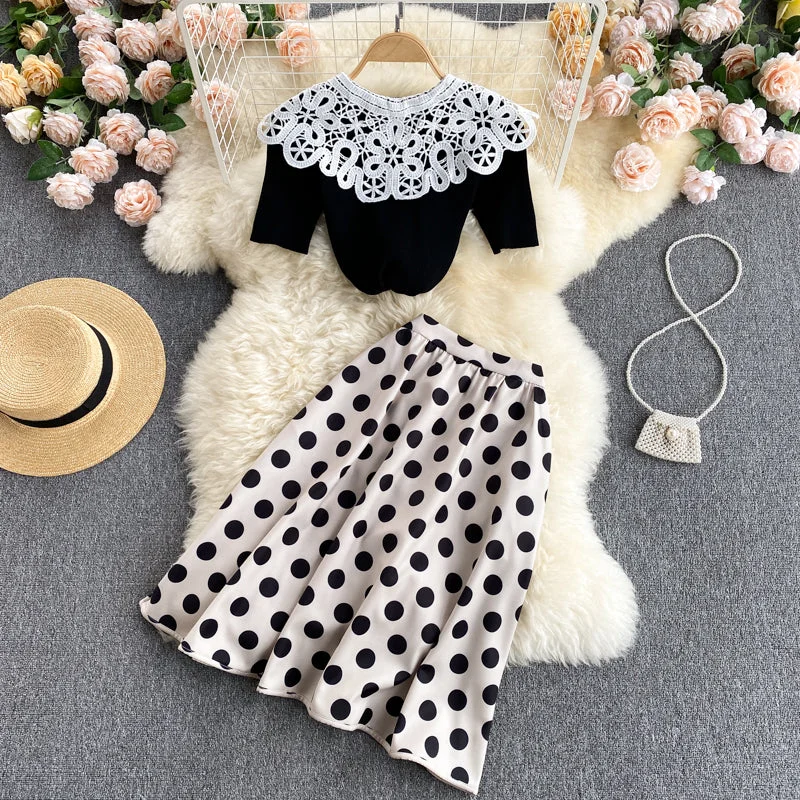 women's classic chiffon skirtsCute knitted short-sleeved blouse for age reduction all-match polka-dot skirt fashion two-piece suit  598