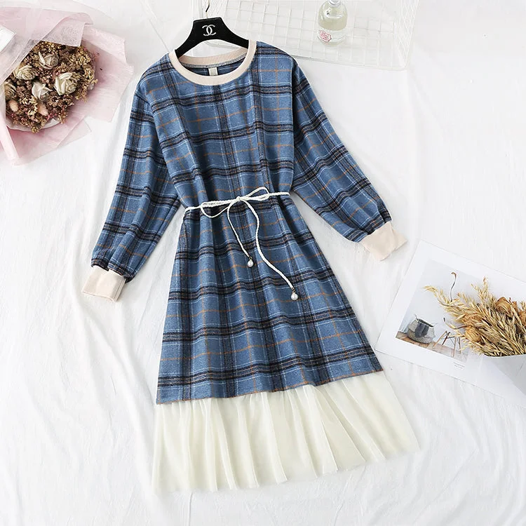 women's eco-friendly checked skirtsNew French Vintage Plaid long sleeve waist closing slim skirt  2293