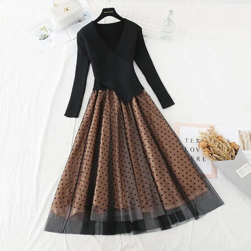 women's polyester tiered skirts for partiesStitched slim slim temperament gentle storm dot mesh long skirt  2210