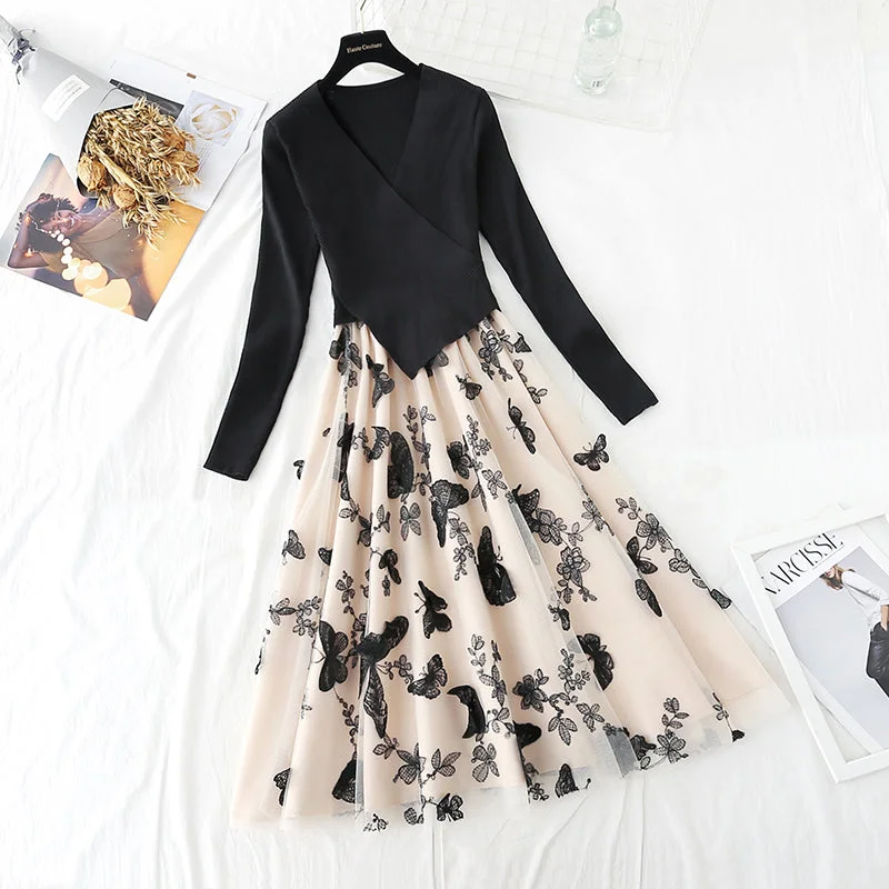 women's formal skirtsIrregular knit stitching fake two-piece mesh Butterfly Embroidery skirt female  2152