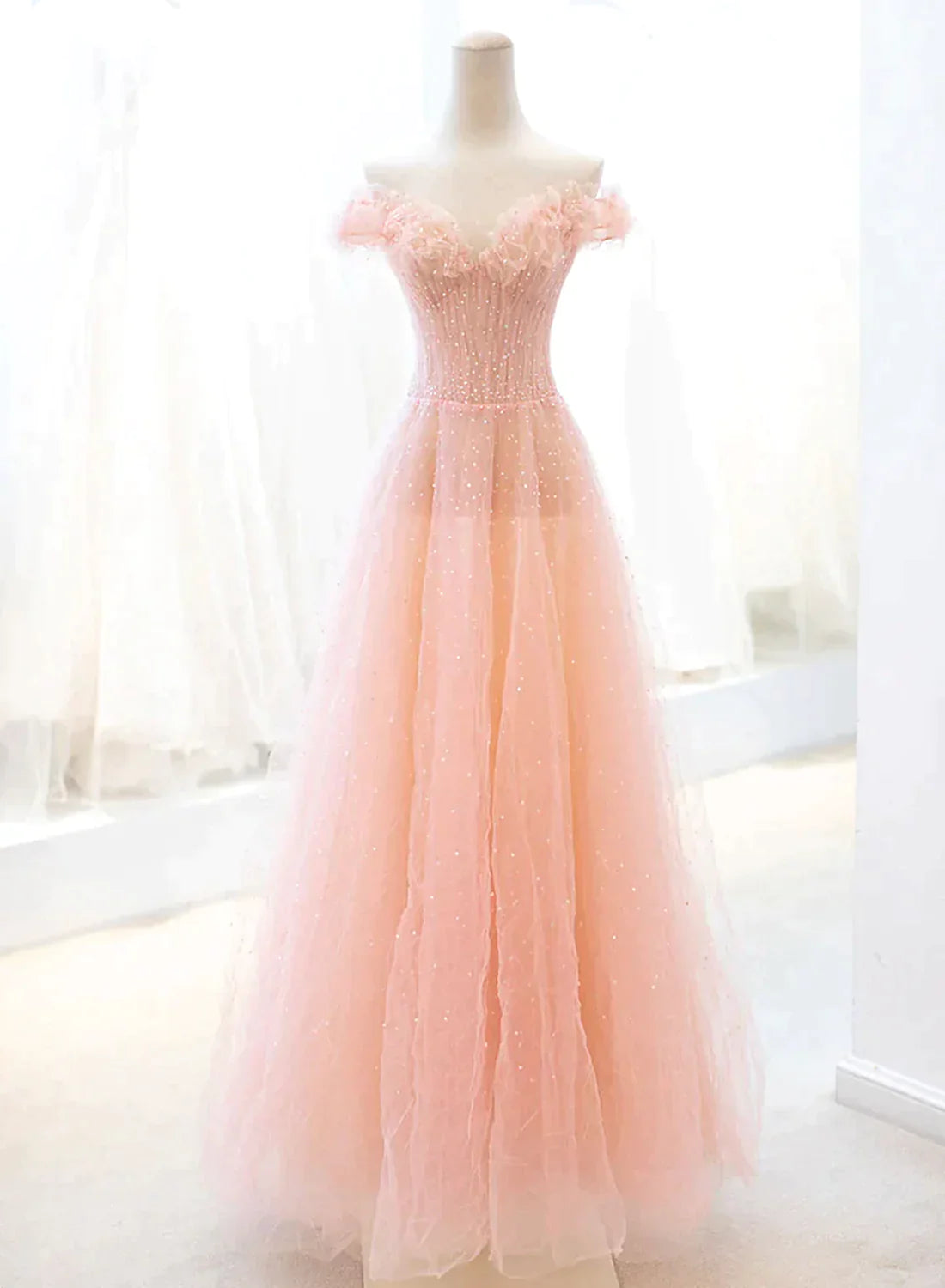 polka dot party dressesPink Tulle A-line Long Prom Dress with Sequins, Off Shoulder Evening Dresses