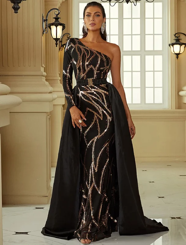 pool party dressesEvening Gown Sexy Dress Formal Court Train Long Sleeve One Shoulder Polyester with Sequin