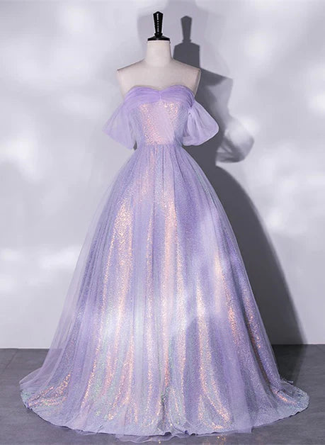 cocktail party dressesA charming sequin lavender A-line sheer strapless dance dress, lavender princess off the shoulder sleeveless sheer evening dress