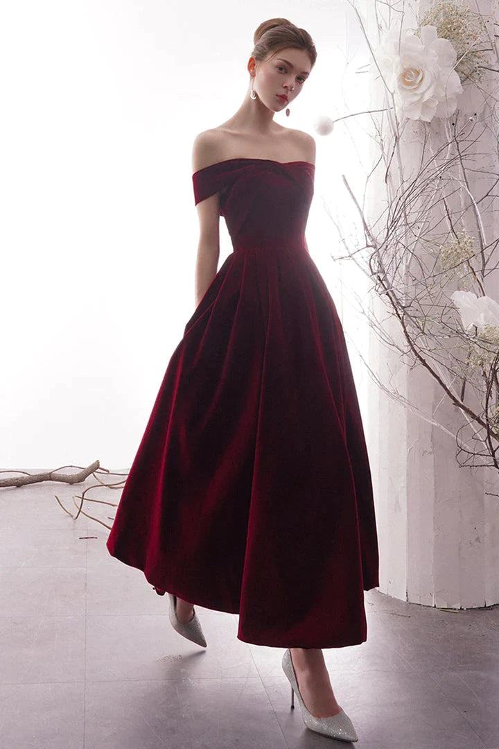 homecoming party dressesWine Red Velvet Long Prom Dress, Off the Shoulder Evening Dress