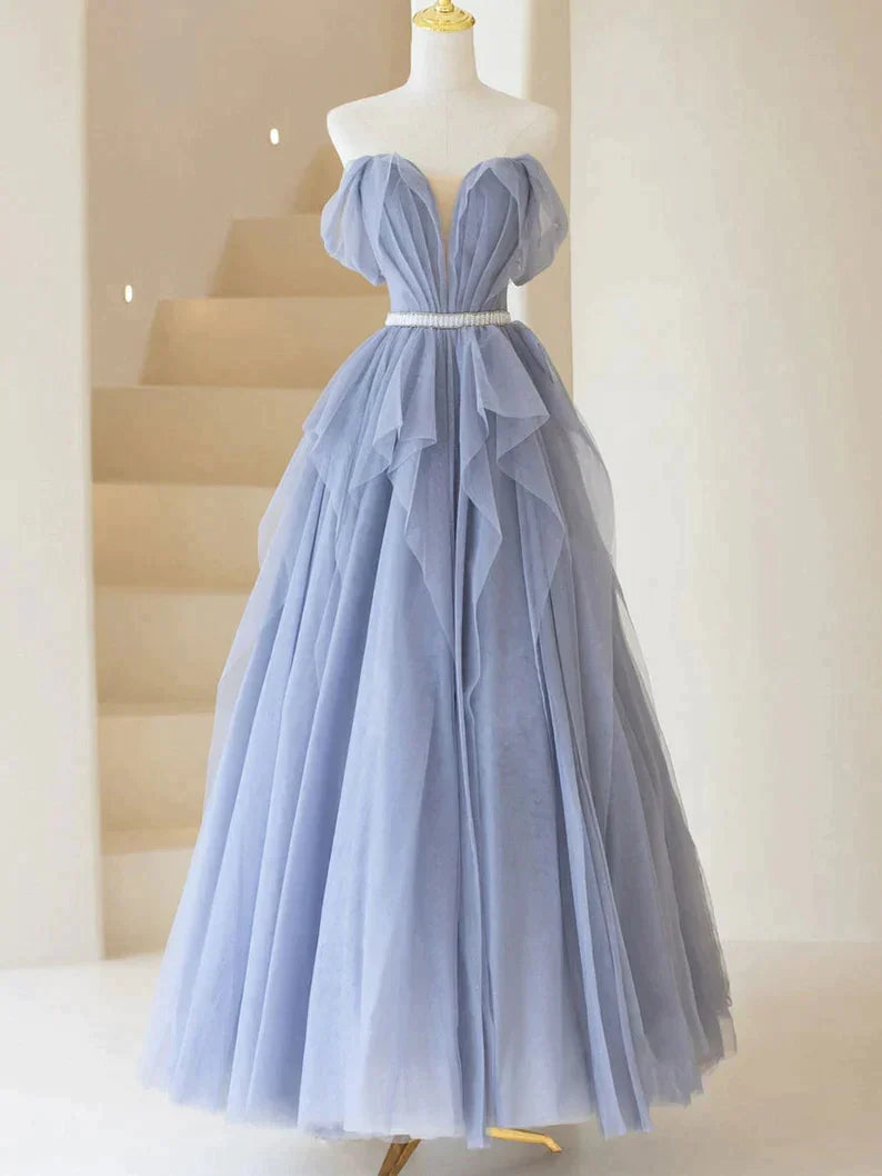 bachelorette party dressesBlue Sweetheart Tulle Off-the-Shoulder Floor-Length Prom Dresses, Blue Evening Gown