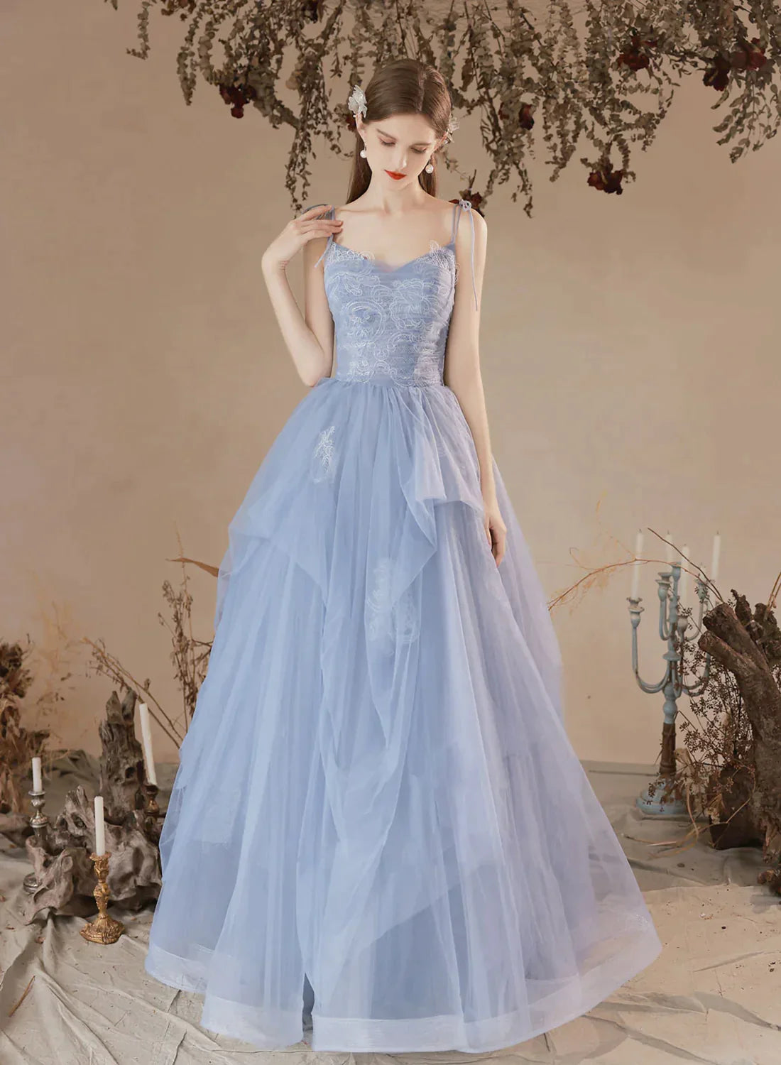 beach party dressesLight Blue Tulle with Lace Straps A-line Prom Dress, Blue Straps Evening Dress