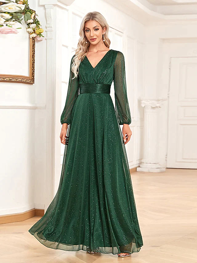 affordable luxury party dressesA-Line Evening Gown Elegant Dress Formal Floor Length Long Sleeve V Neck Chiffon with Sequin