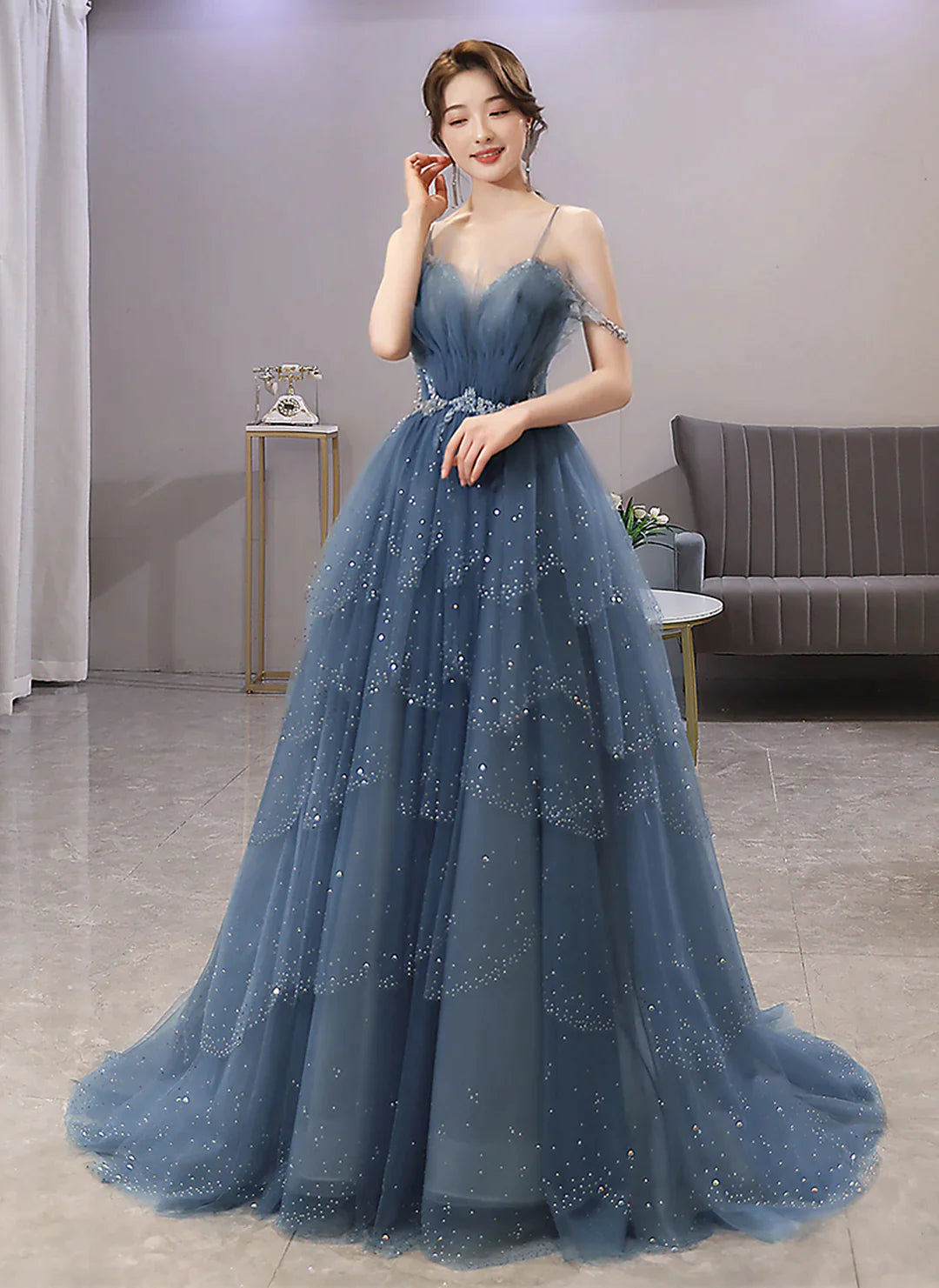 bachelor party dresses (for women)Blue Tulle Sweetheart Beaded Straps A-line Junior Prom Dress, Blue Long Evening Dress