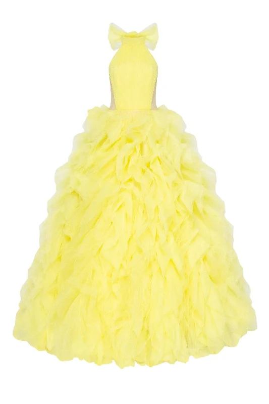 maximalist party dressesTurtleneck festive yellow evening gown