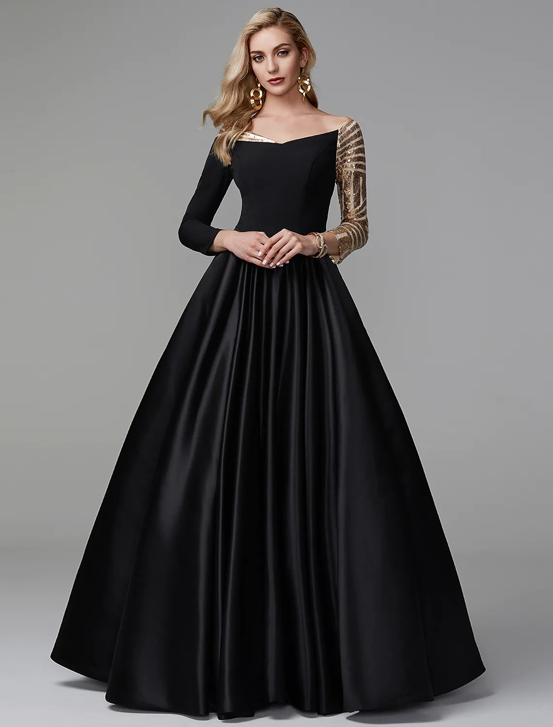 metallic party dressesBlack Sparkle Formal Evening Dress Off Shoulder Long Sleeve Floor Length Satin with Sequin