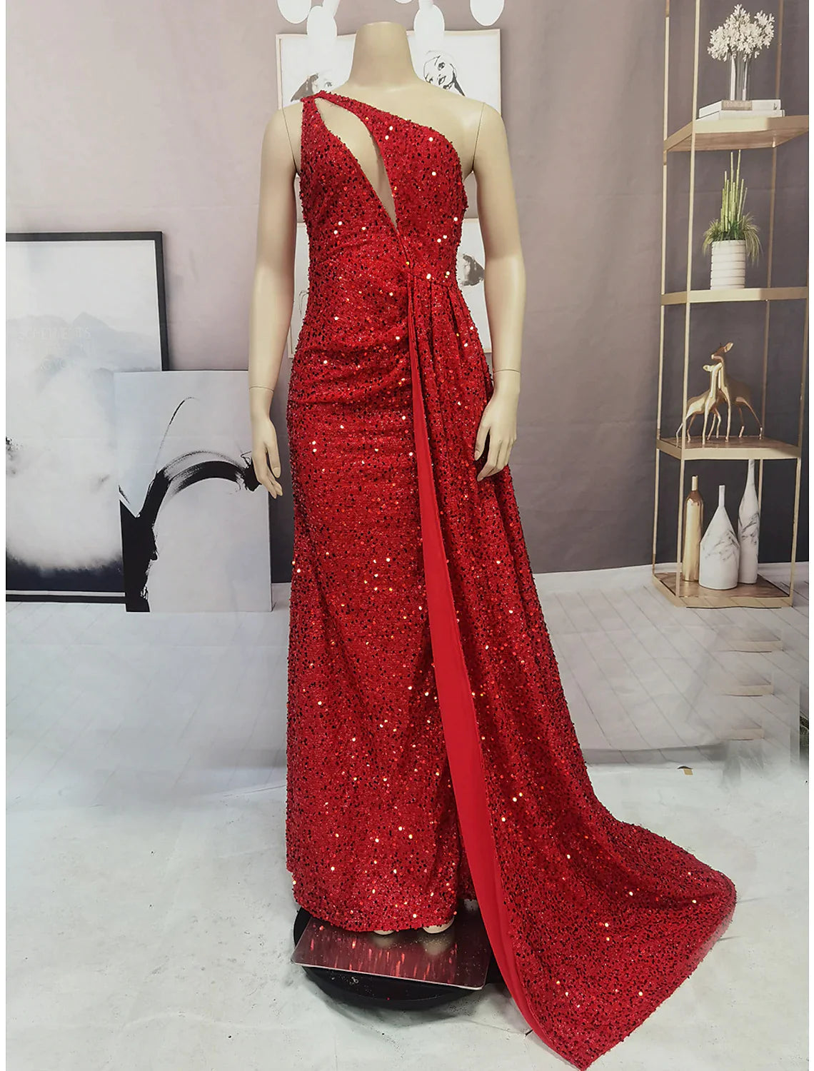 bridesmaid party dressesSparkle Shine High Split Prom Formal Evening Dress One Shoulder Sleeveless Sequined with Slit