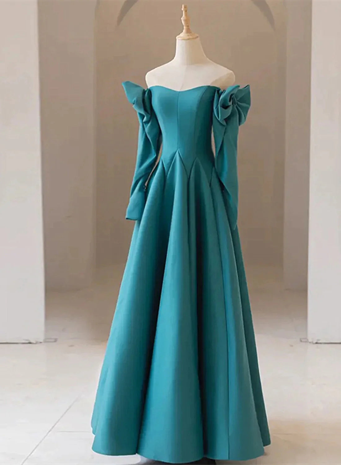 floral party dressesTeal Blue Long Sleeves with Bow A-line Sweetheart Prom Dress, Teal Blue Evening Dress