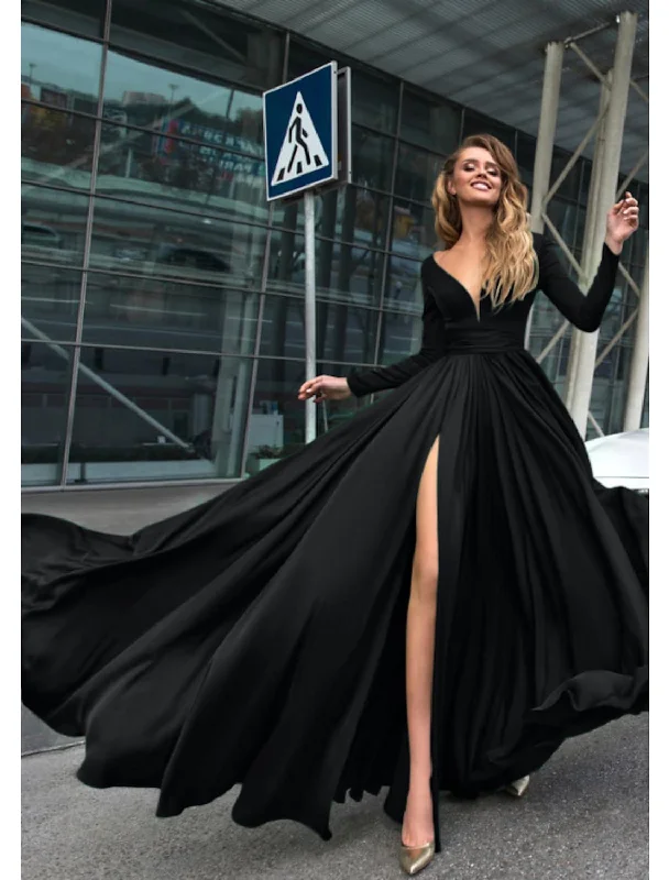 mermaid party dressesA-Line Evening Gown Dress Holiday Floor Length Long Sleeve V Neck Chiffon V Back with Slit