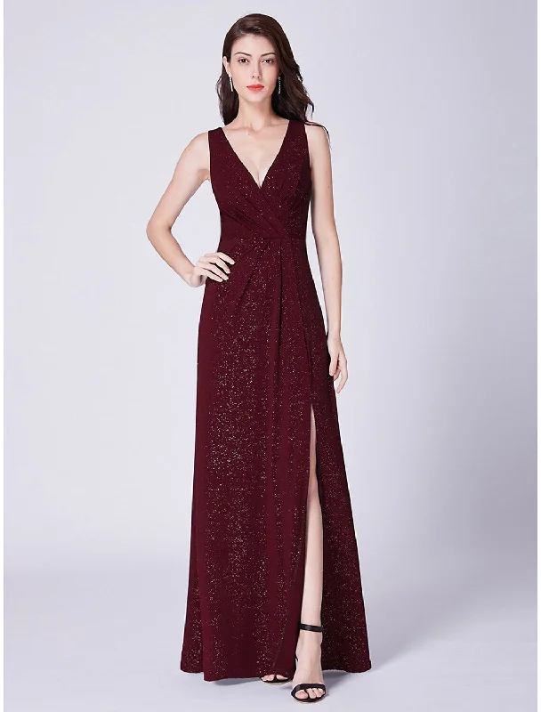 midi party dressesA-Line Elegant Formal Evening Dress V Neck Sleeveless Floor Length Blend with Draping