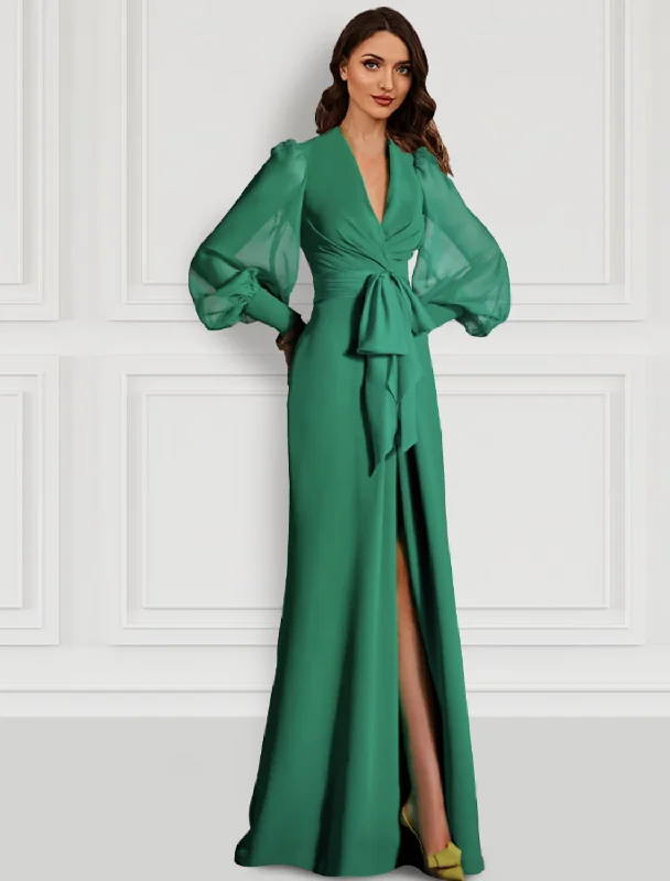 themed party dressesEvening Gown Elegant Dress Formal Long Sleeve V Neck Chiffon with Slit Strappy