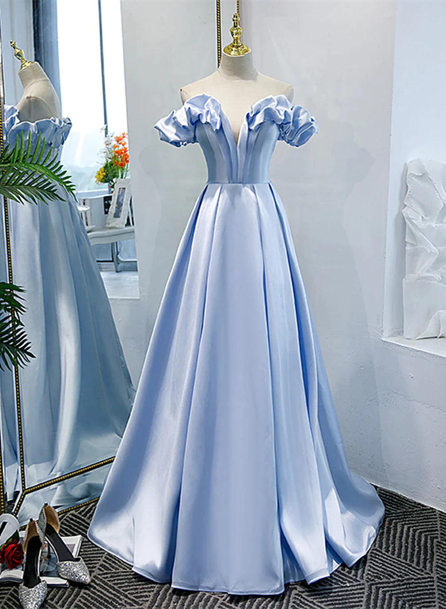 spring party dressesLight Blue Satin A-line Off Shoulder Long Formal Dress, Light Blue Evening Dress Prom Dress