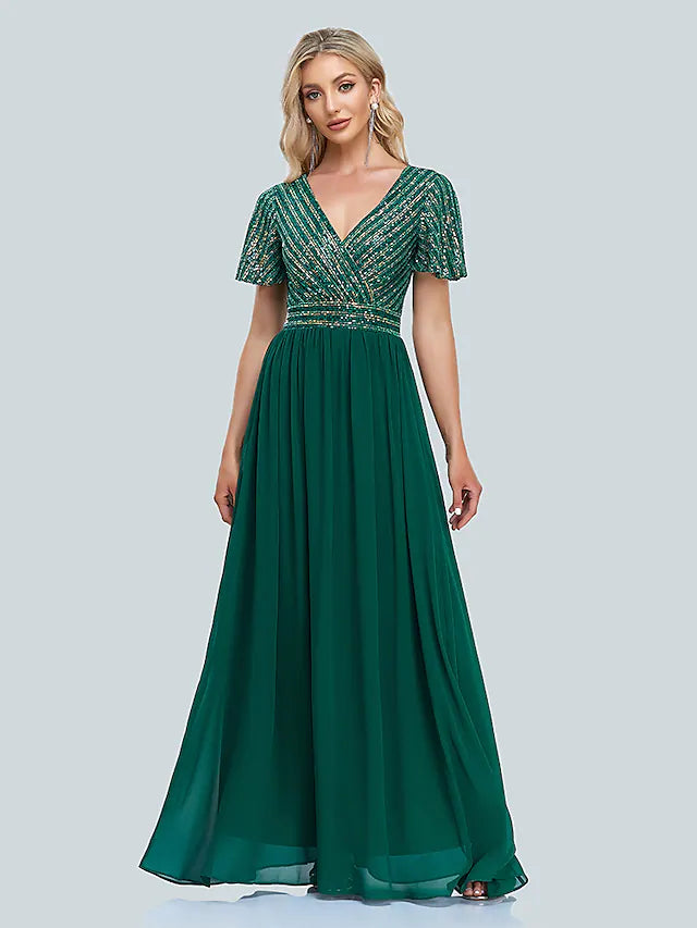 flowy party dressesA-Line  Evening Gown Elegant Dress Floor Length Short Sleeve V Neck Sequined