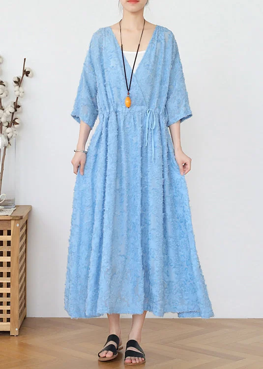 maxi dresses for warm weatherClassy Blue V Neck Cinched Hollow Out Chiffon Maxi Dress Long Sleeve