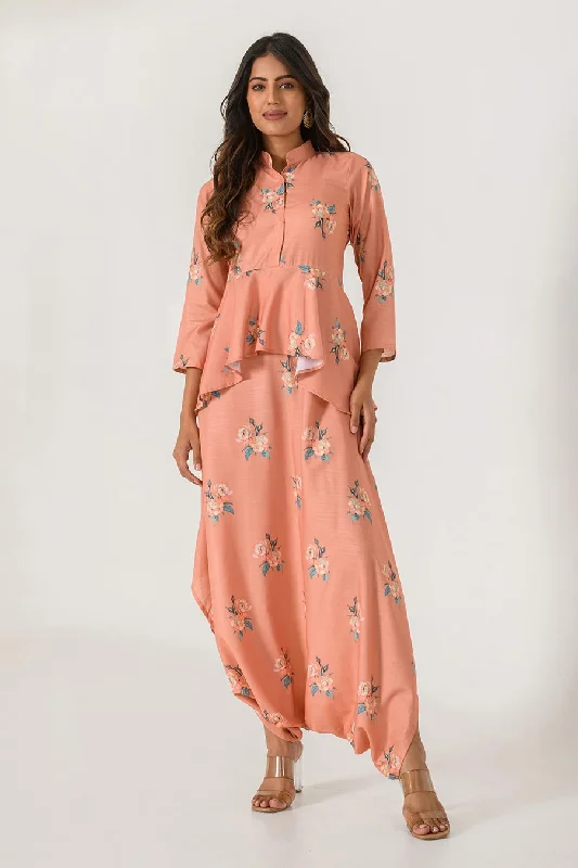 women's jumpsuits for weddingsOrange Printed Peplum Dhoti Jumpsuit