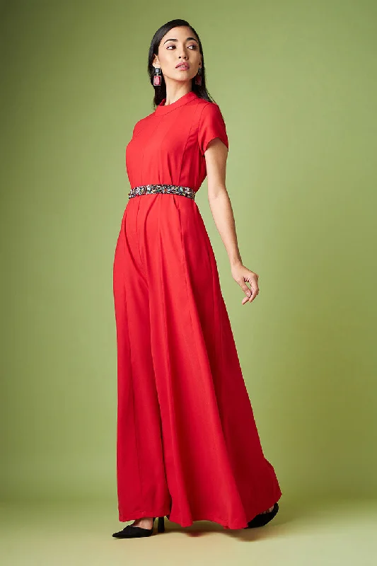 women's jumpsuits with long sleevesRed Jumpsuit With Crystal Embellised Belt