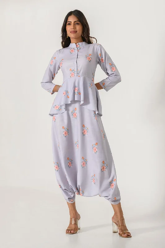 women's jumpsuits for formal eventsGrey Printed Peplum Dhoti Jumpsuit