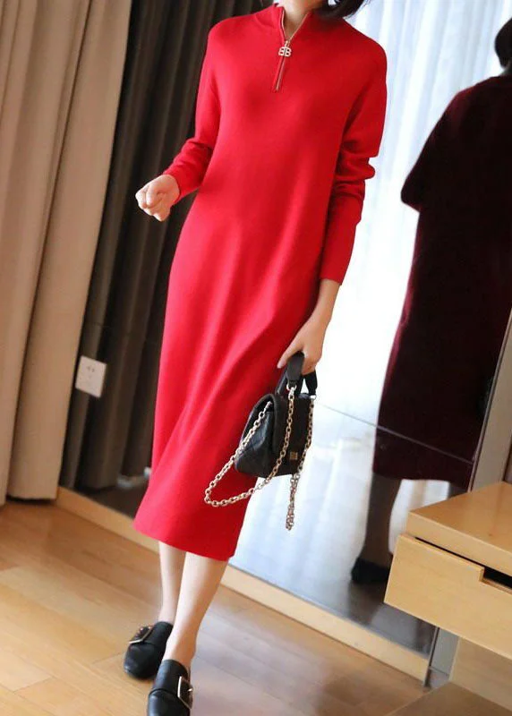 maxi dresses for mother of the groomBoho Red Stand Collar Zip Up Knit Maxi Dresses Spring