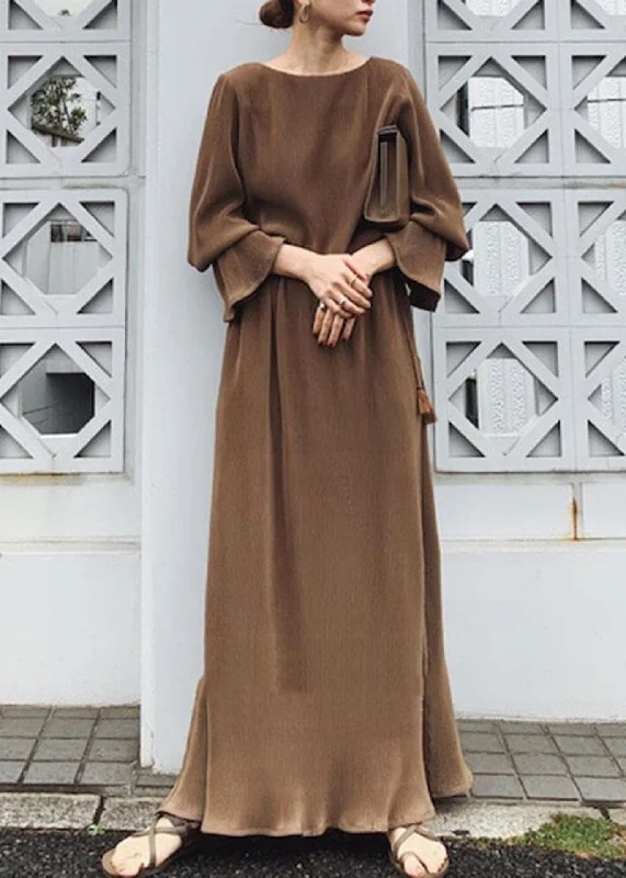 maxi dresses for cocktail partiesSolid Split Long Sleeve Round Neck Casual Maxi Dress Chocolate