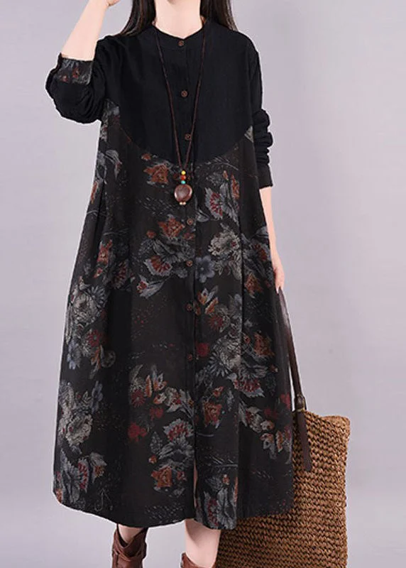 maxi dresses for winter (with tights)Handmade Black O-Neck Print Patchwork Maxi Dress Long Sleeve