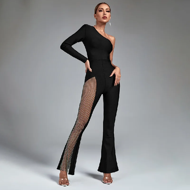 women's jumpsuits with Peter Pan collarsOne Shoulder Asymmetrical Bandage Jumpsuit HL8444