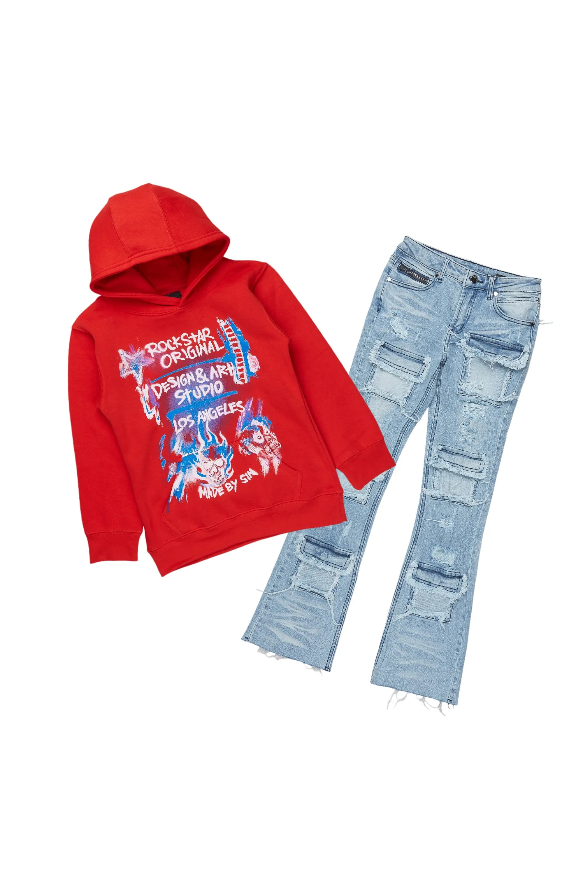 women's denim pantsBoys Soweto Red Hoodie/Stacked Flare Jean Set