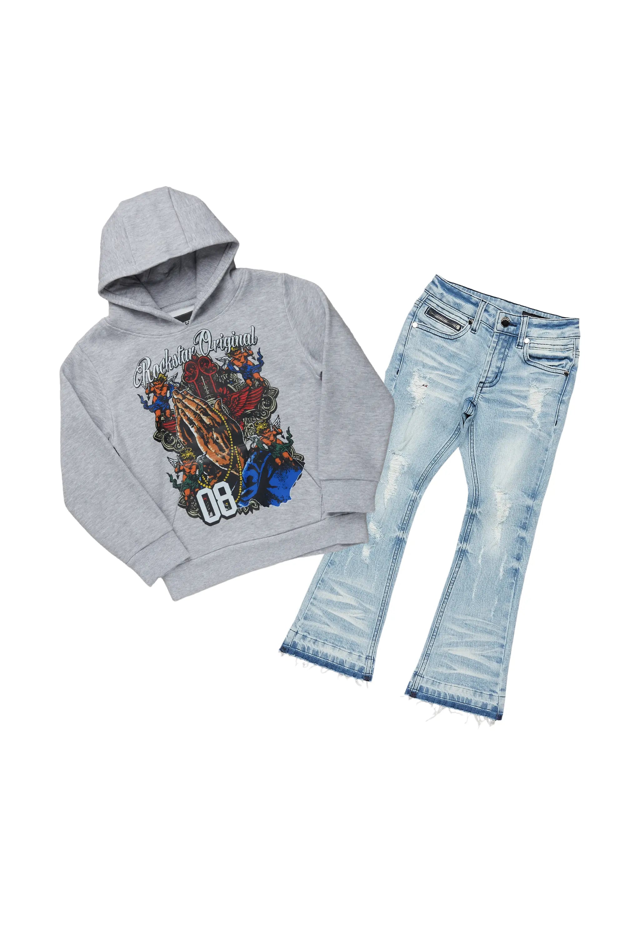 women's chic pantsBoys Jaylen Grey Hoodie/Stacked Flare Jean Set