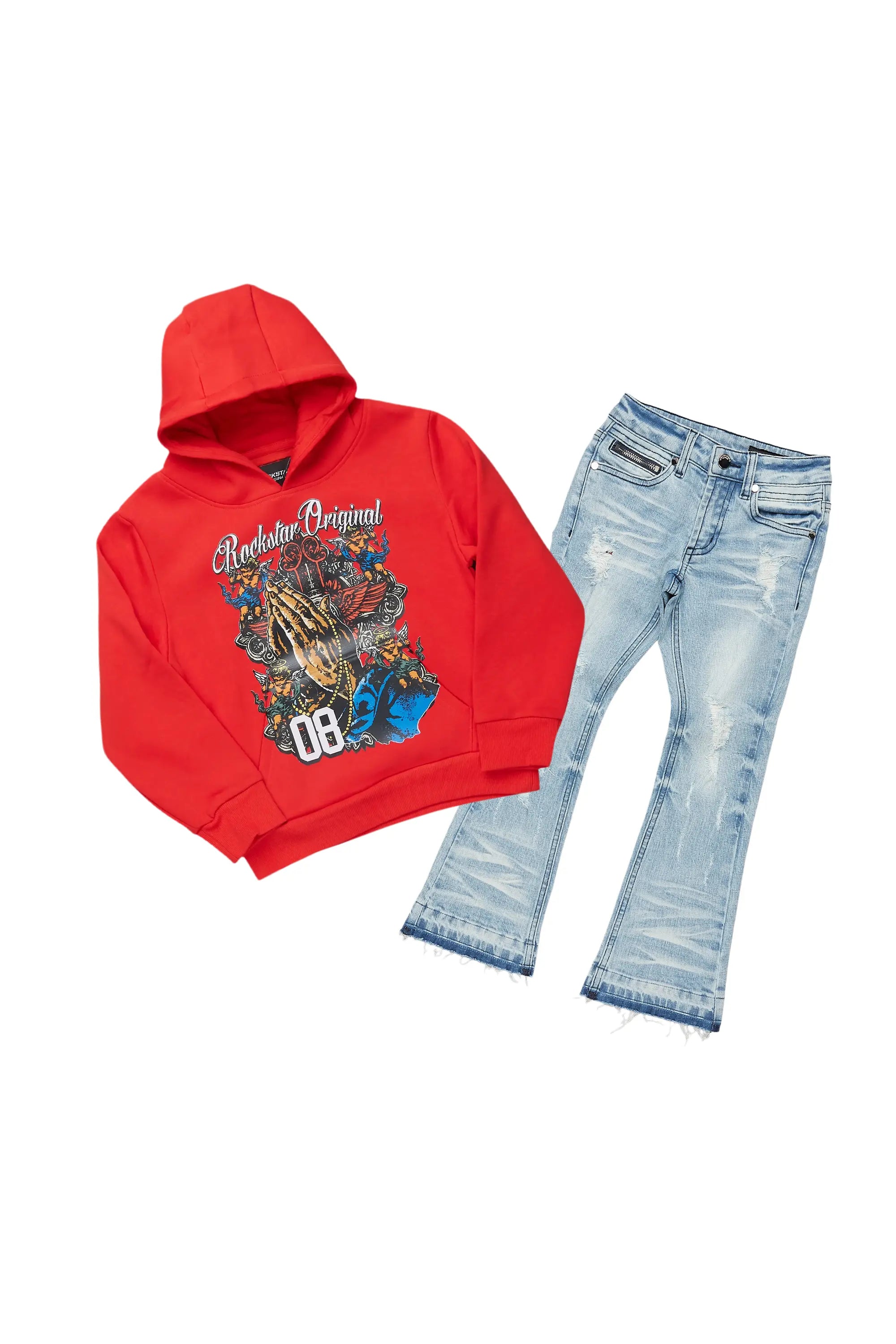 women's trendy pantsBoys Jaylen Red Hoodie/Stacked Flare Jean Set