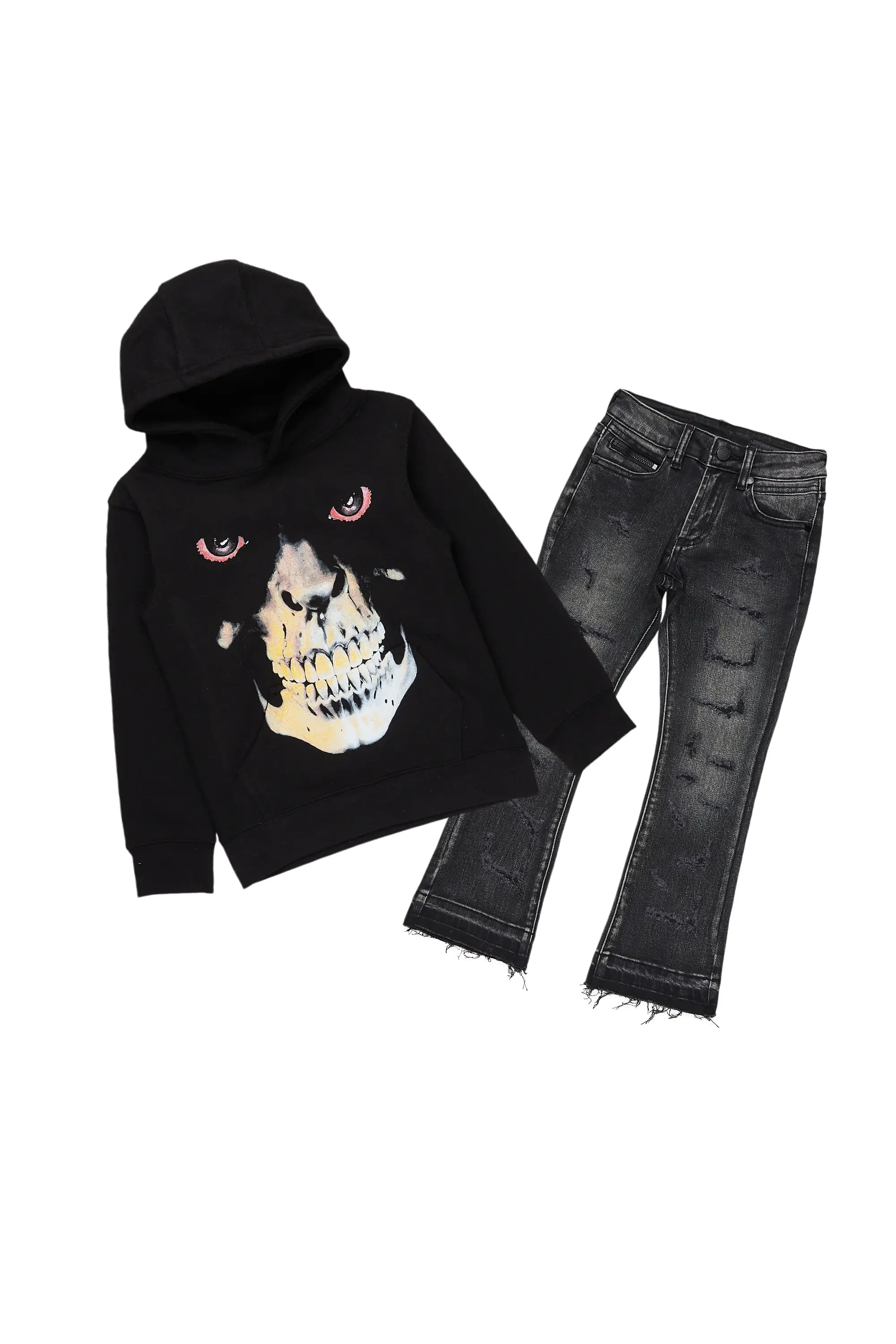 women's cotton pantsBoys Dunebu Black Hoodie/Stacked Flare Jean Set