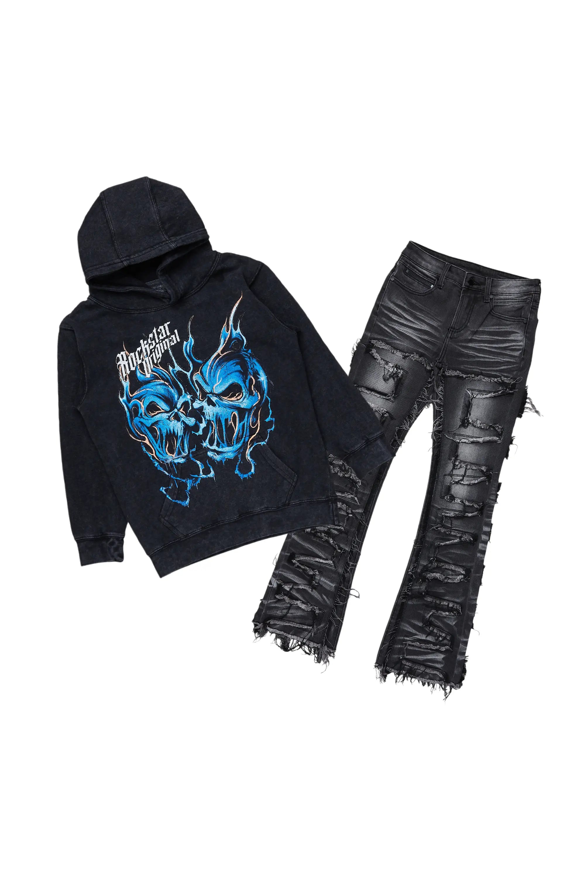 women's satin pantsBoys Texastea Vintage Black Hoodie/Stacked Flare Jean Set