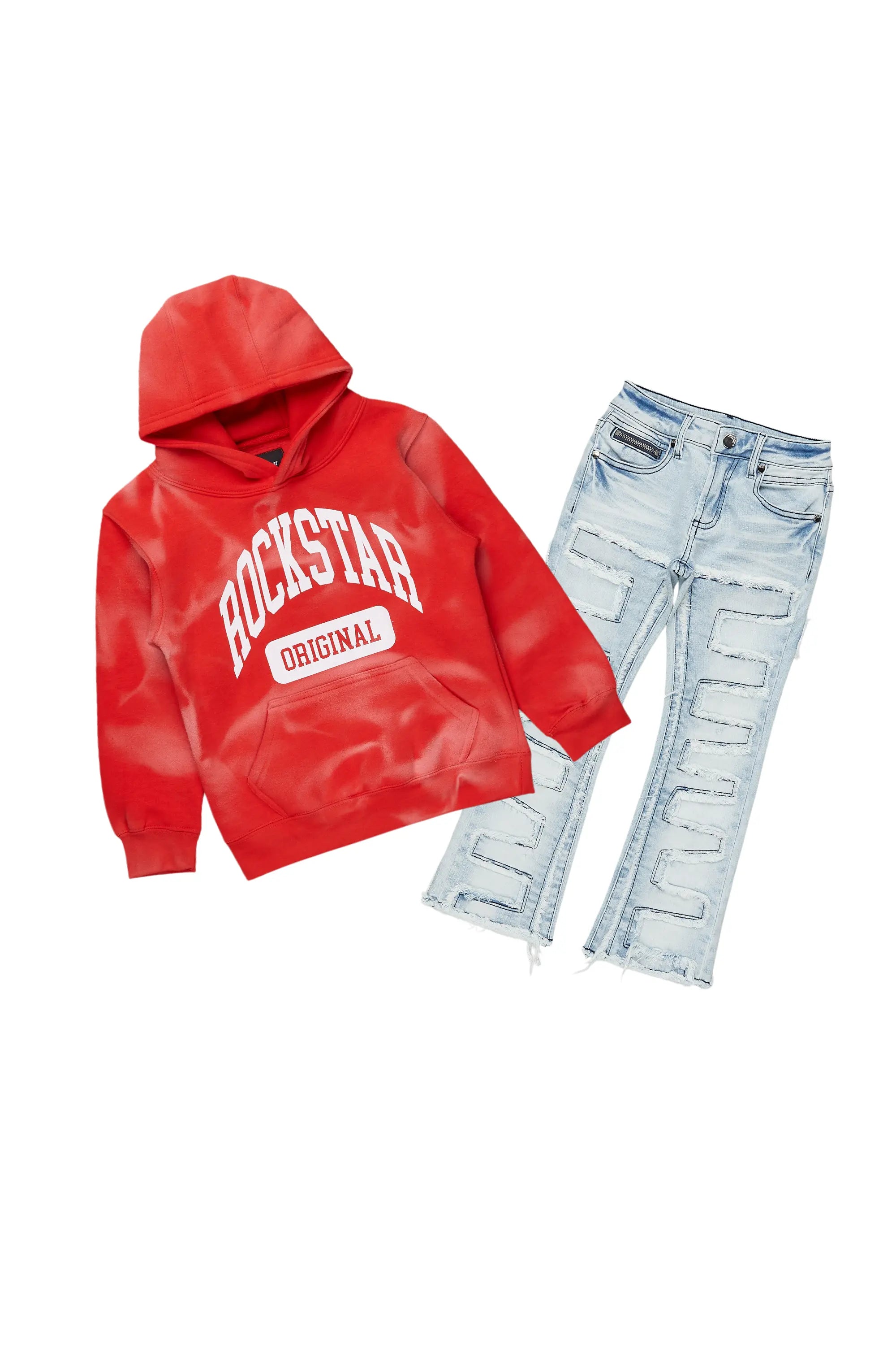 women's designer pantsBoys Member Red/Blue Hoodie/Stacked Flare Jean Set