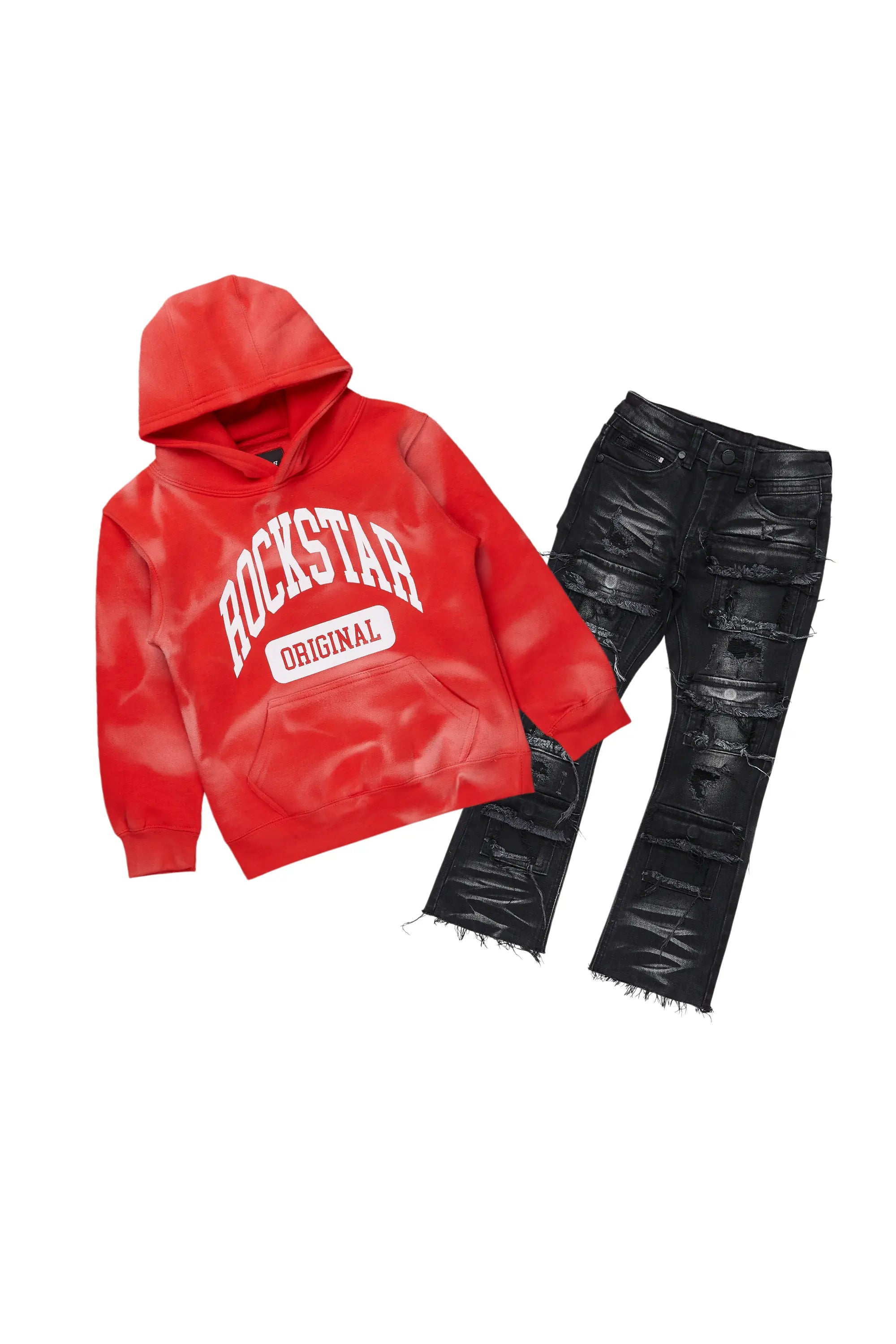 women's sustainable pantsBoys Member Red/Black Hoodie/Stacked Flare Jean Set