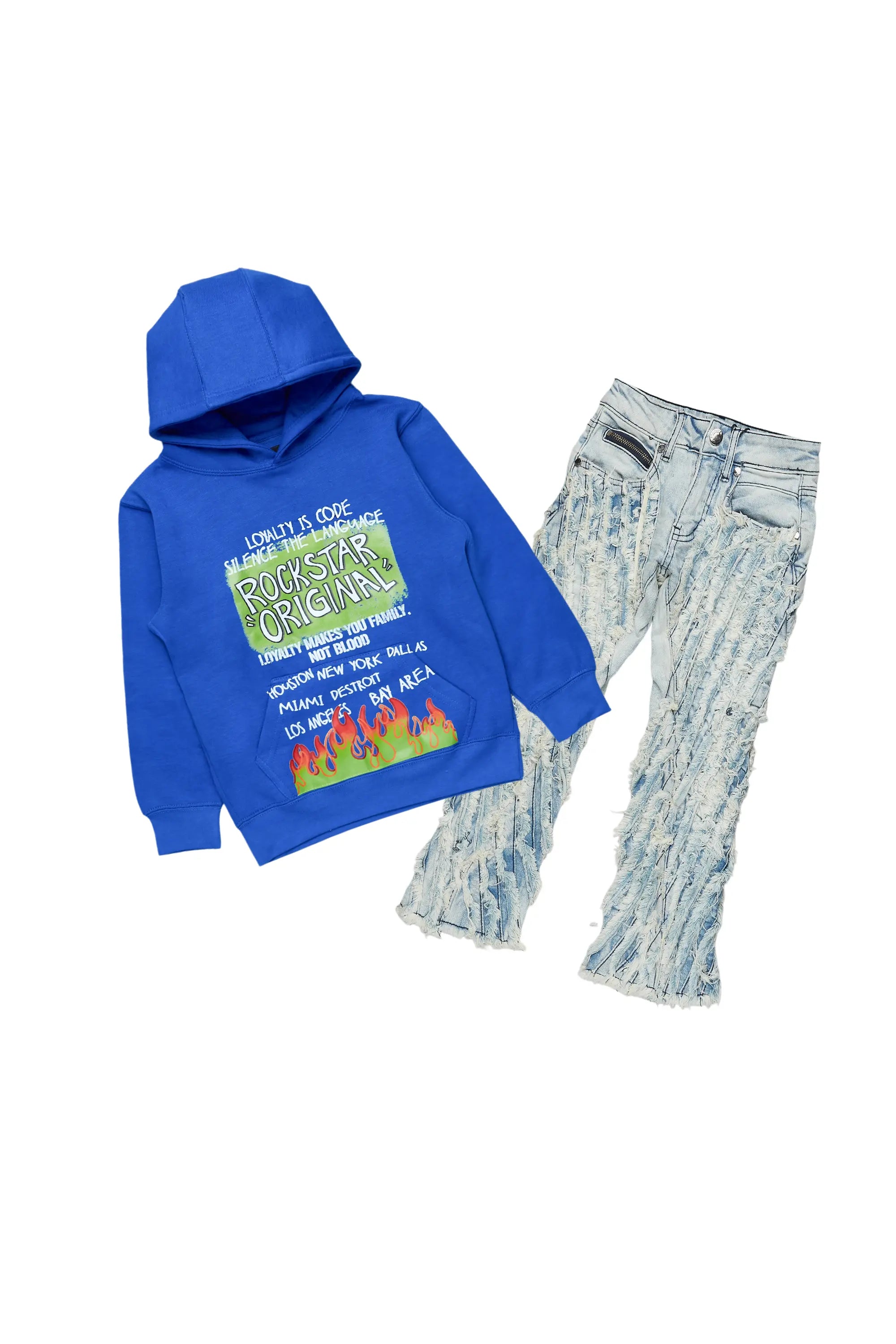 women's retro pantsBoys Nebo Blue Hoodie/Stacked Flare Jean Set