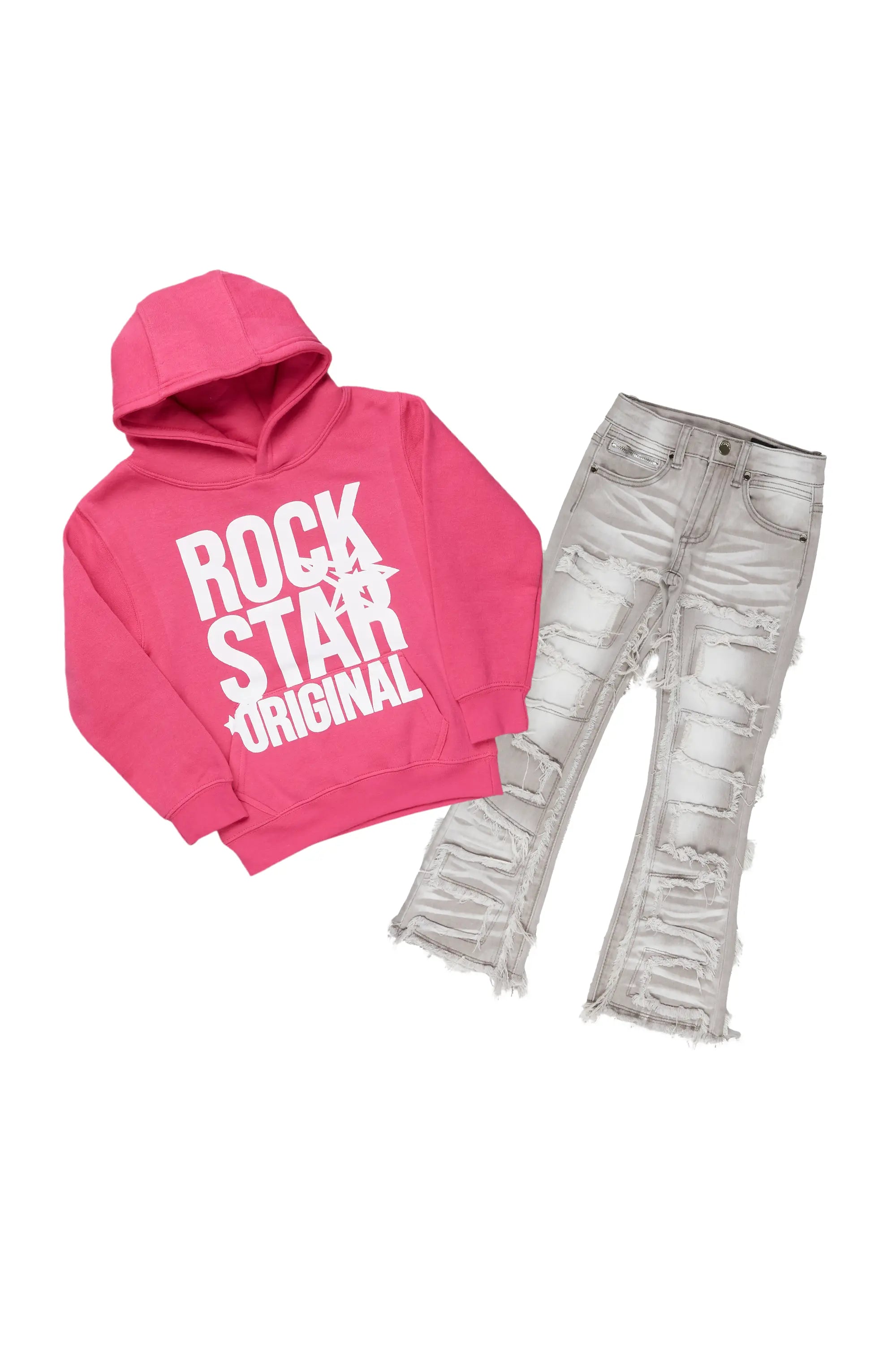 women's petite pantsGirls Melanie Grey/Pink Hoodie/Stacked Flare Jean Set