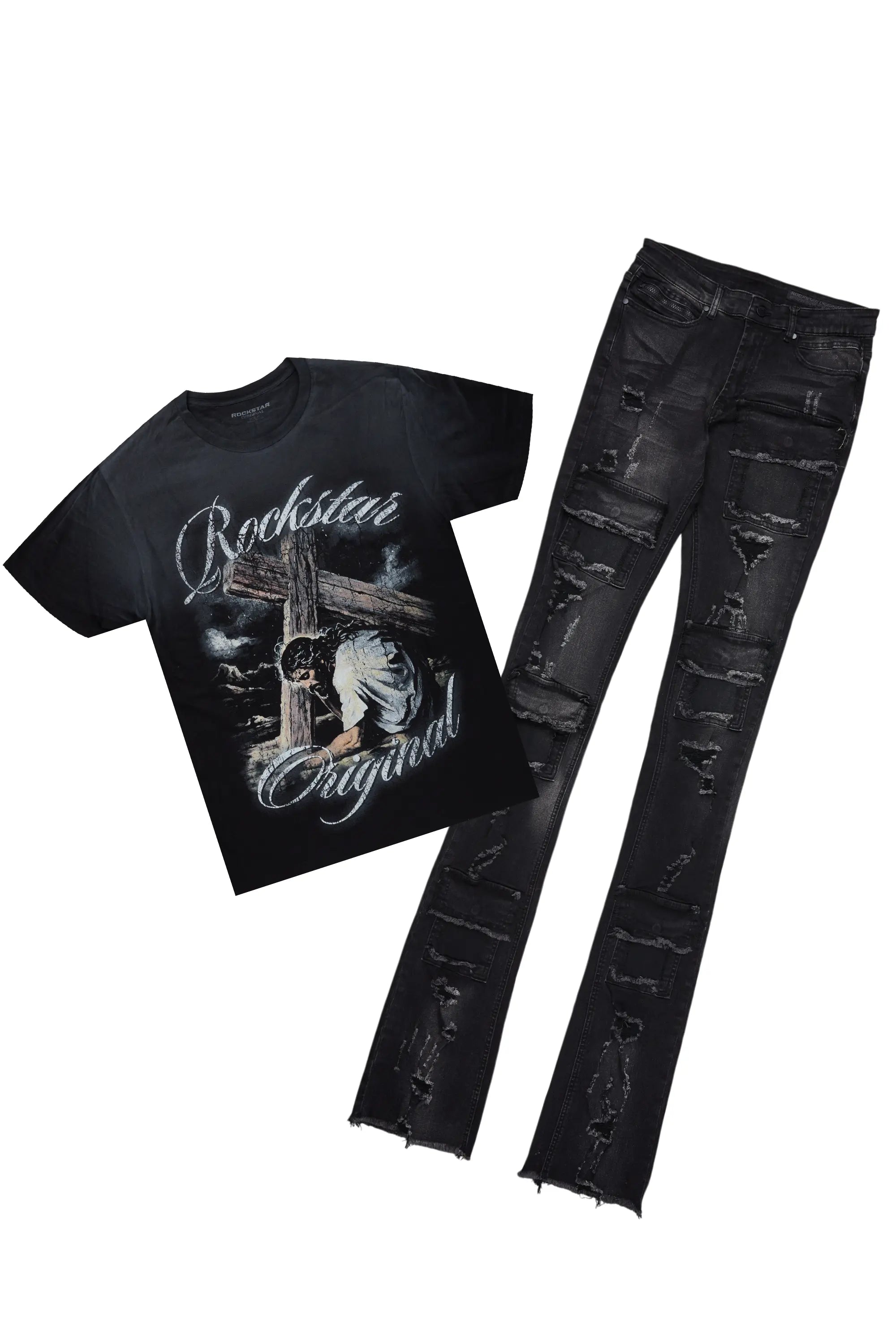 women's solid-color pantsIrwin Black T-Shirt & Pooja Super Stacked Flare Jean Bundle