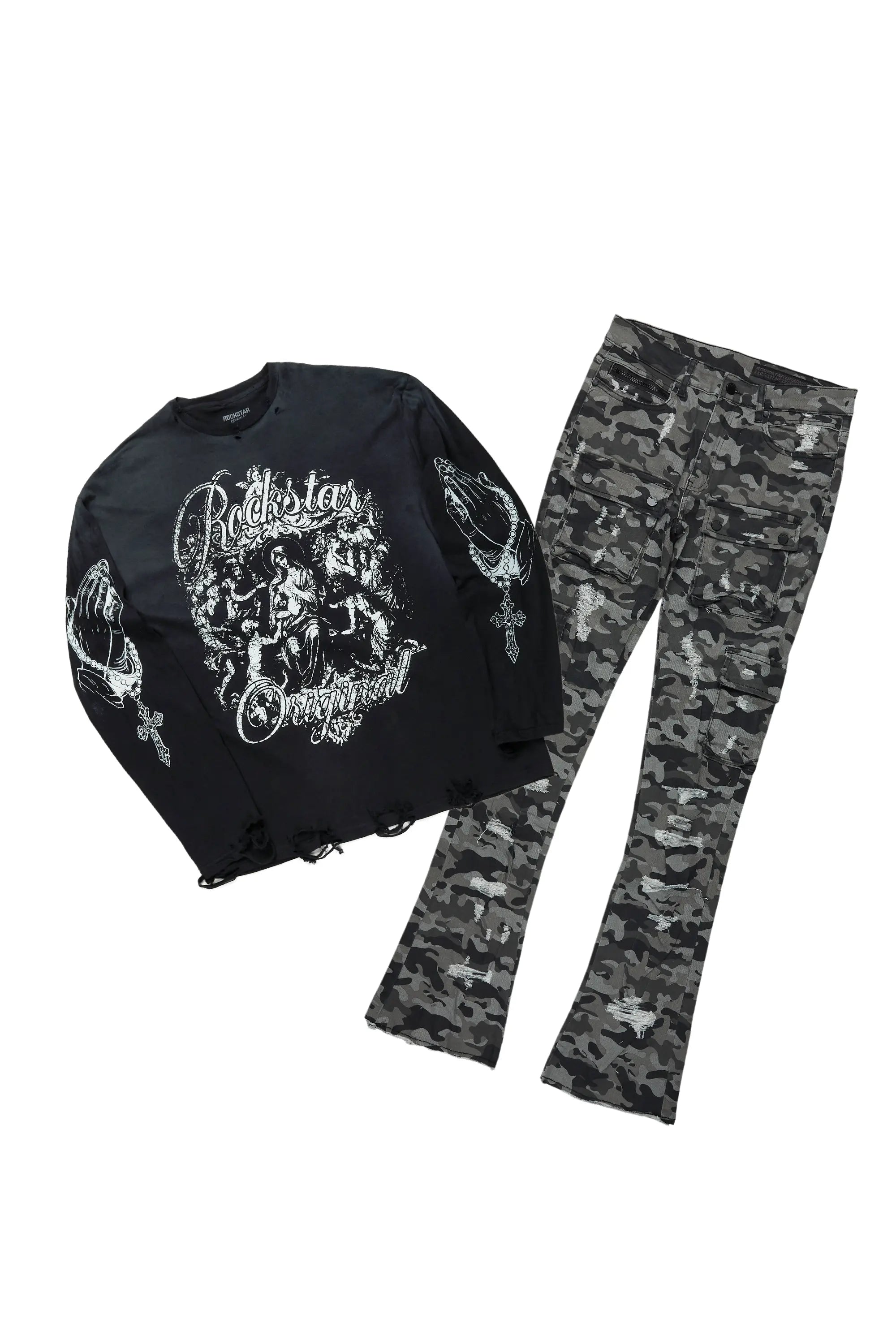 women's high-slung pantsVamp Black Long Sleeve T-Shirt & Zaid Stacked Flare Jean Bundle