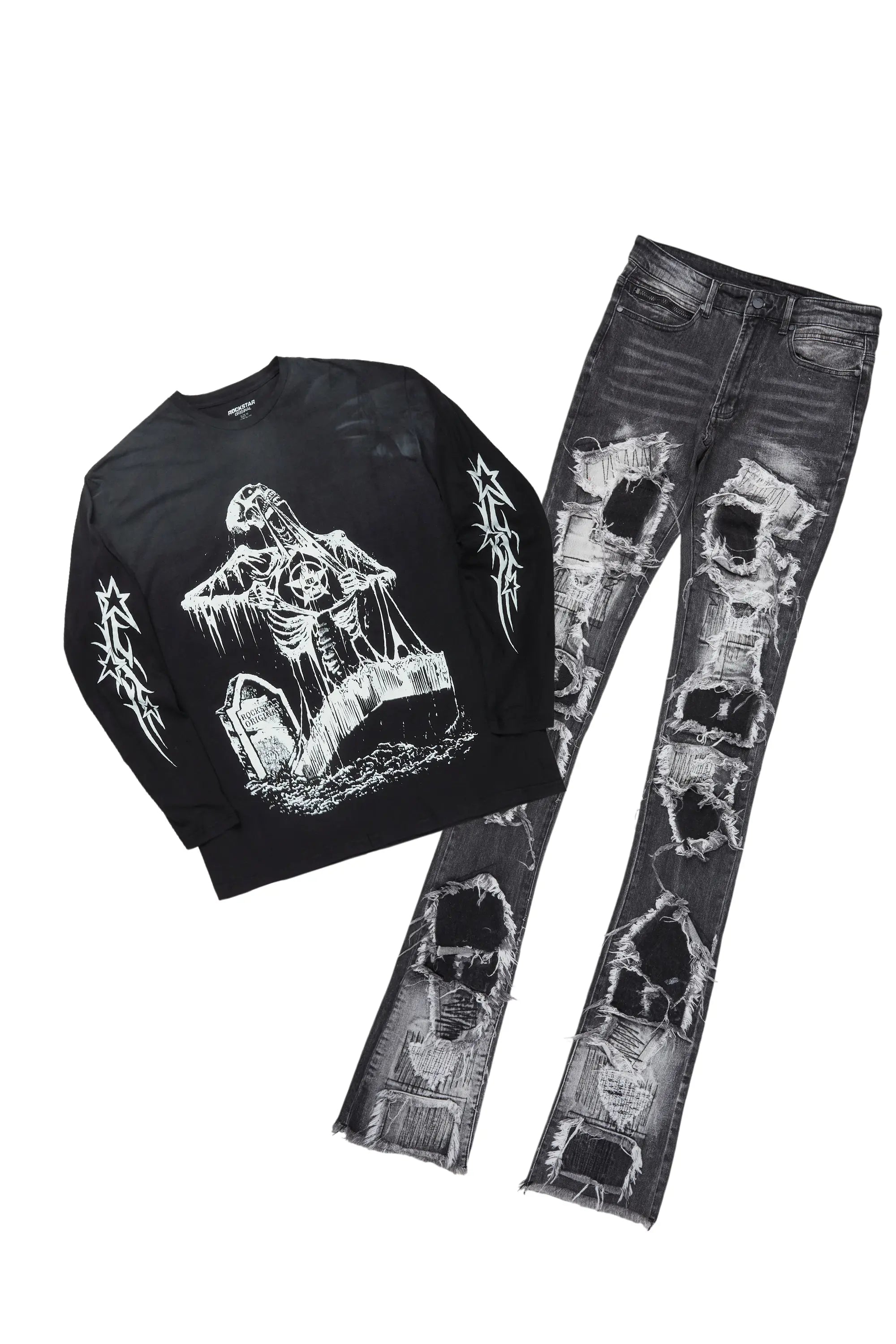 women's low-slung pantsBrookwood Black Long Sleeve T-Shirt & Camden Super Stacked Flare Jean Bundle