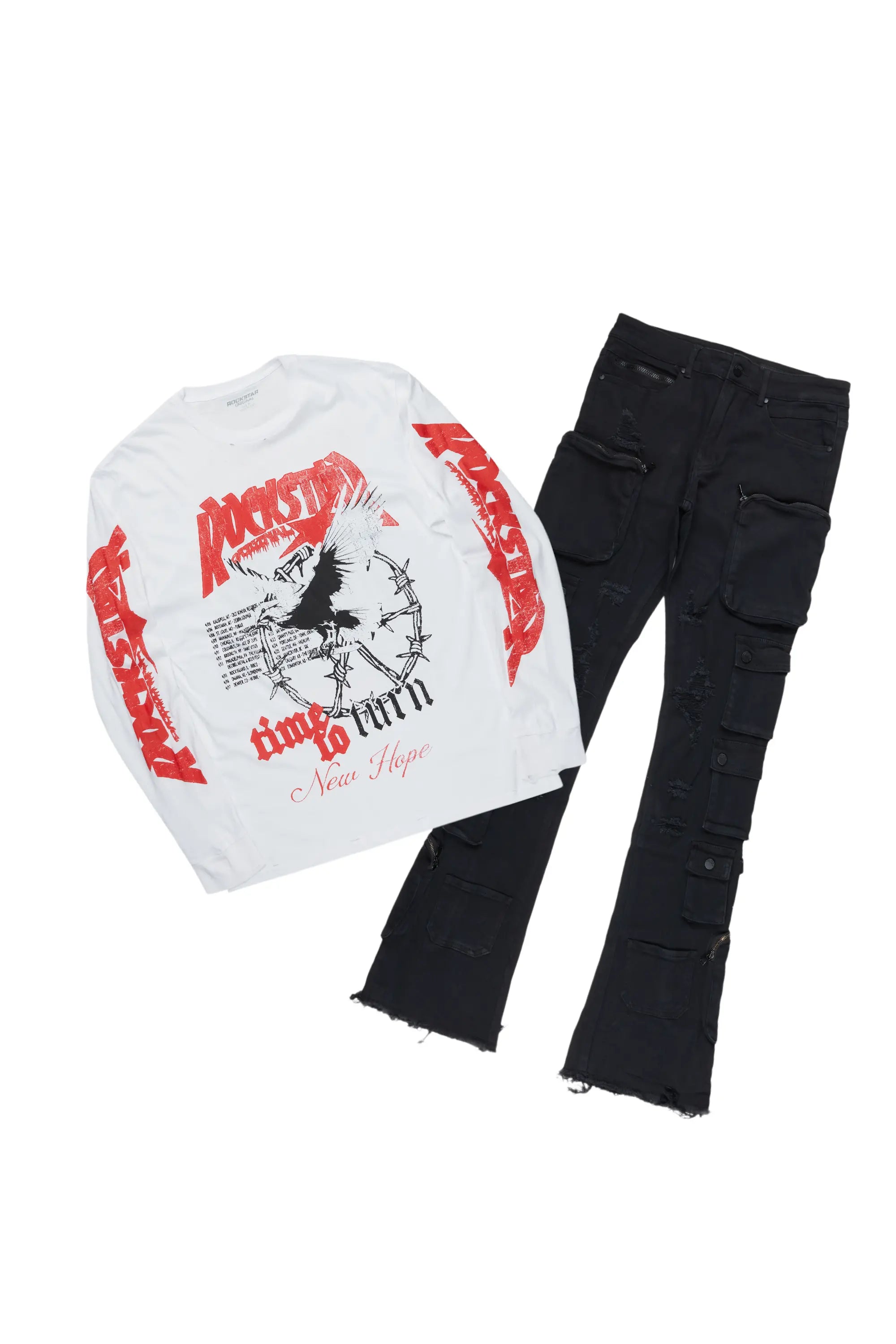 women's patterned pantsBurial White Long Sleeve T-Shirt & Konrad Stacked Flare Jean Bundle