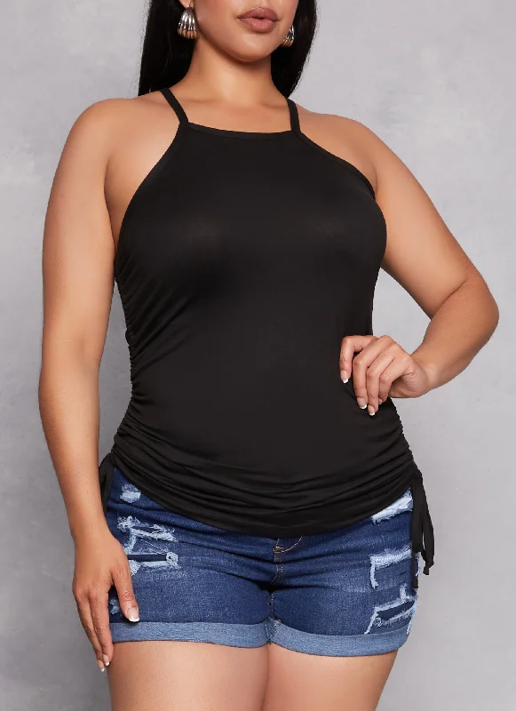 Plus Size Drawstring Ruched High Neck Tank Top