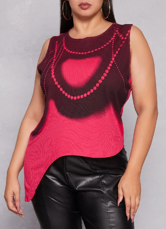 Plus Size Ribbed Pearl Graphic Tank Top