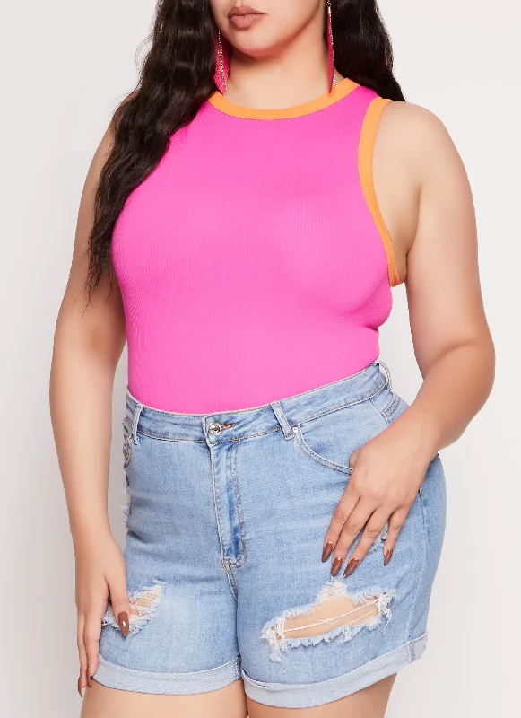 Plus Size Seamless Ribbed Contrast Trim Tank Top