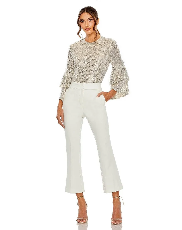 women's long sleeve tops with minimalist aestheticsMac Duggal R26822 Long Sleeve Formal Sequin Top