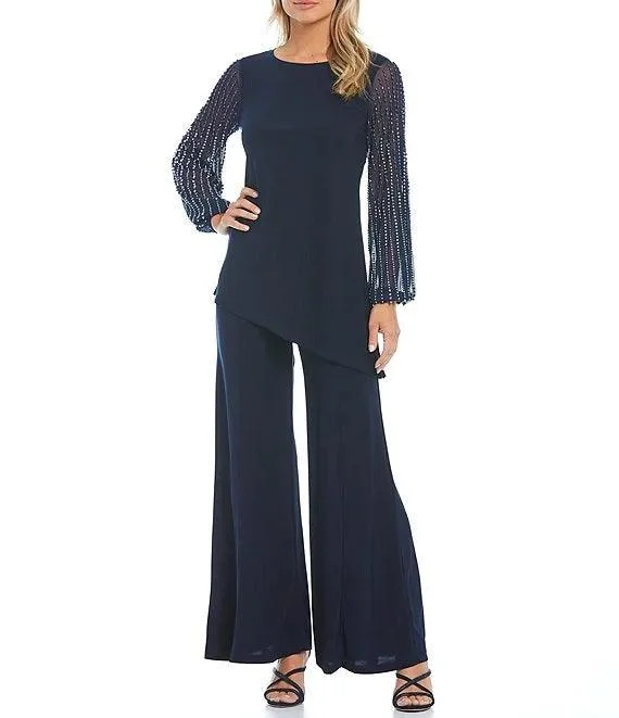 budget-friendly women's long sleeve topsMarina Beaded Long Sleeve 2 Piece Formal Pant Set