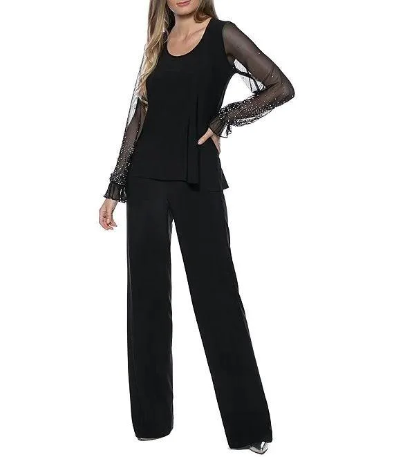 designer women's long sleeve topsMarina Formal Beaded Long Sleeve Two Piece Pant Set