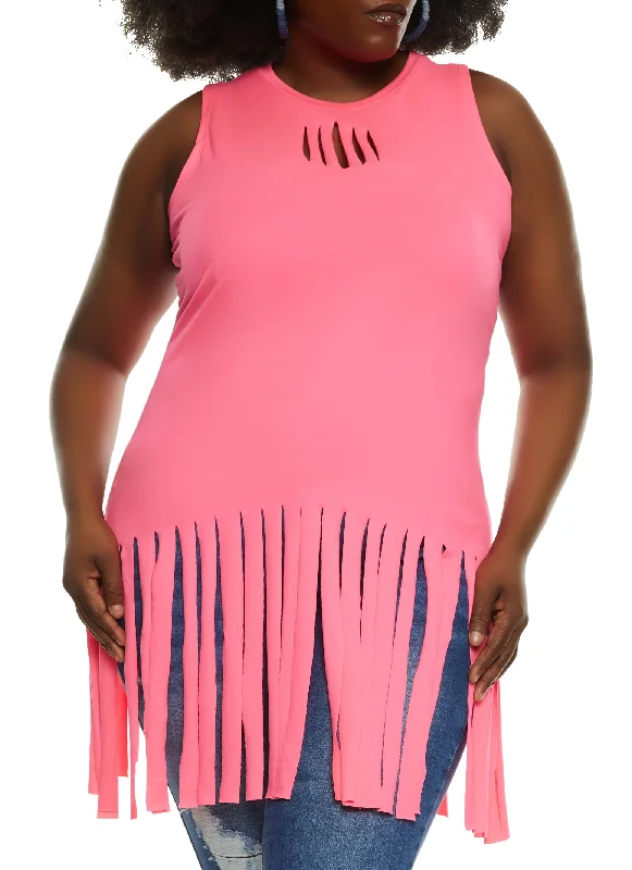 Plus Size Cut Out Fringe Tank Top