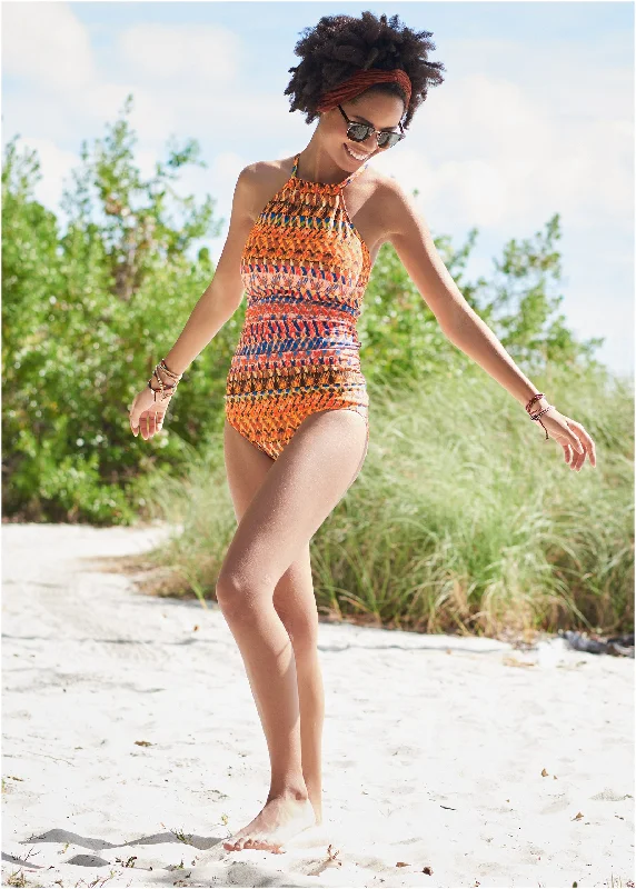 Ruched Side Halter Tankini - Island Stripes